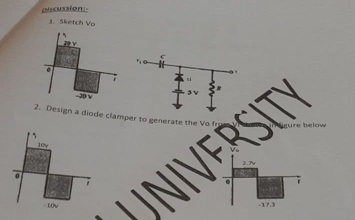 piscussion:-
1. Sketch Vo
20 V
-20 v
2. Design a diode clamper to generate the Vo fromV
10v
2.7V
UNIVERSITY
- L0v
-17.3
