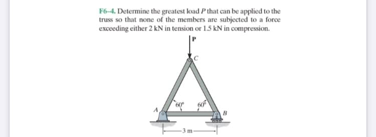 F6-4. Determine the greatest load P that can be applied to the
truss so that none of the members are subjected to a force
exceeding either 2 kN in tension or 1.5 kN in compression.
3 m
