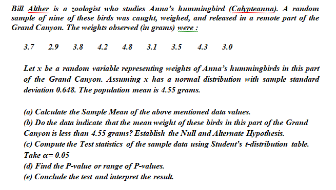 Bill Alther is a zoologist who studies Anna's hummingbird (Calypteanna). A random
sample of nine of these birds was caught, weighed, and released in a remote part of the
Grand Canyon. The weights observed (in grams) were :
3.7
2.9
3.8
4.2
4.8
3.1
3.5
4.3
3.0
Let x be a random variable representing weights of Anna's hummingbirds in this part
of the Grand Canyon. Assuming x has a normal distribution with sample standard
deviation 0.648. The population mean is 4.55 grams.
(a) Calculate the Sample Mean of the above mentioned data values.
(b) Do the data indicate that the mean weight of these birds in this part of the Grand
Canyon is less tham 4.55 grams? Establish the Null and AIternate Hypothesis.
(c) Compute the Test statistics of the sample data using Student's t-distribution table.
Take a= 0.05
(d) Find the P-value or range of P-values.
(e) Conclude the test and interpret the result.
