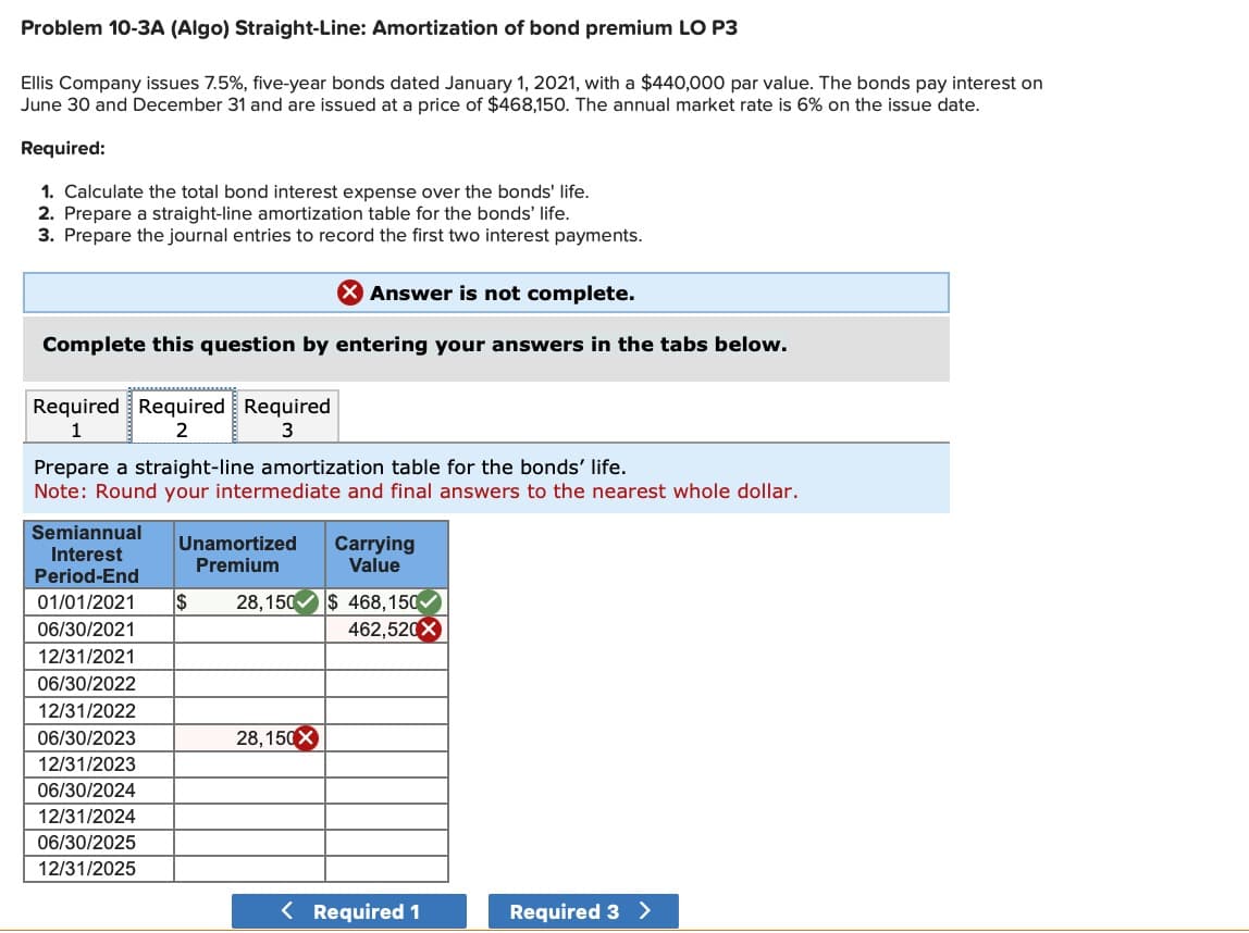 Problem 10-3A (Algo) Straight-Line: Amortization of bond premium LO P3
Ellis Company issues 7.5%, five-year bonds dated January 1, 2021, with a $440,000 par value. The bonds pay interest on
June 30 and December 31 and are issued at a price of $468,150. The annual market rate is 6% on the issue date.
Required:
1. Calculate the total bond interest expense over the bonds' life.
2. Prepare a straight-line amortization table for the bonds' life.
3. Prepare the journal entries to record the first two interest payments.
Answer is not complete.
Complete this question by entering your answers in the tabs below.
Required Required Required
1
2
3
Prepare a straight-line amortization table for the bonds' life.
Note: Round your intermediate and final answers to the nearest whole dollar.
Semiannual
Interest
Period-End
01/01/2021 $ 28,150 $ 468,150
06/30/2021
462,520X
12/31/2021
06/30/2022
12/31/2022
06/30/2023
12/31/2023
06/30/2024
12/31/2024
06/30/2025
12/31/2025
Unamortized Carrying
Premium
Value
28,150X
< Required 1
Required 3 >