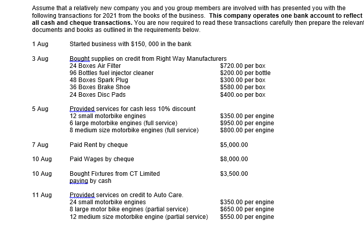 Assume that a relatively new company you and you group members are involved with has presented you with the
following transactions for 2021 from the books of the business. This company operates one bank account to reflect
all cash and cheque transactions. You are now required to read these transactions carefully then prepare the relevant
documents and books as outlined in the requirements below.
1 Aug
Started business with $150, 000 in the bank
3 Aug
Bought supplies on credit from Right Way Manufacturers
24 Boxes Air Filter
96 Bottles fuel injector cleaner
48 Boxes Spark Plug
36 Boxes Brake Shoe
$720.00 per box
$200.00 per bottle
$300.00 per box
$580.00 per box
$400.00 per box
24 Boxes Disc Pads
Provided services for cash less 10% discount
12 small motorbike engines
6 large motorbike engines (full service)
8 medium size motorbike engines (full service)
5 Aug
$350.00 per engine
$950.00 per engine
$800.00 per engine
7 Aug
Paid Rent by cheque
$5,000.00
10 Aug
Paid Wages by cheque
$8,000.00
10 Aug
Bought Fixtures from CT Limited
paving by cash
$3,500.00
11 Aug
Provided services on credit to Auto Care.
24 small motorbike engines
8 large motor bike engines (partial service)
12 medium size motorbike engine (partial service)
$350.00 per engine
$650.00 per engine
$550.00 per engine
