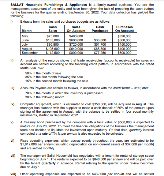 SALLAT Household Furnishings & Appliances is a family-owned business. You are the
management accountant of the entity and have been given the task of preparing the cash budget
for the business for the quarter ending September 30, 2022. Your data collection has yielded the
following:
Extracts from the sales and purchases budgets are as follows:
Cash
Sales
Sales
Cash
Purchases
Purchases
Month
On Account
On Account
May
June
$75,000
$135,000
$480,000
$600,000
$390,000
$360,000
$36,000
July
August
September
$86,800
$720,000
$61,700
$450,000
$400,000
$105,600
$112,500
$640,000
$800,000
$68,800
$77,250
$500,000
An analysis of the records shows that trade receivables (accounts receivable) for sales on
account are settled according to the following credit pattern, in accordance with the credit
terms 5/30, n90:
50% in the month of sale
35% in the first month following the sale
15% in the second month following the sale
ii)
Accounts Payable are settled as follows, in accordance with the credit terms – 4/30, n60:
70% in the month in which the inventory is purchased
30% in the following month
iv)
Computer equipment, which is estimated to cost $350,000, will be acquired in August. The
manager has planned with the supplier to make a cash deposit of 50% of the amount upon
signing of the agreement in August, with the balance to be settled in four equal monthly
instalments, starting in September 2022.
v)
A treasury bond purchased by the company with a face value of $560,000 is expected to
mature on July 20, 2022. To meet the financial obligations of the business the management
team has decided to liquidate the investment upon maturity. On that date, quarterly interest
computed at a rate of 7% % per annum is also expected to be collected.
vi)
Fixed operating expenses, which accrue evenly throughout the year, are estimated to be
$1,812,000 per annum [including depreciation on non-current assets of $37,000 per month]
and are settled monthly.
vii) The management Sallat Household has negotiated with a tenant for rental of storage space
beginning on July 1. The rental is expected to be $840,000 per annum and will be paid over
by the tenant quarterly in advance. Rental relating to the quarter under review becomes
due on July 1.
viii) Other operating expenses are expected to be $432,000 per annum and will be settled
