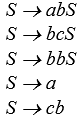 S→ abs
S - bcS
S → bbS
S → a
S → cb
