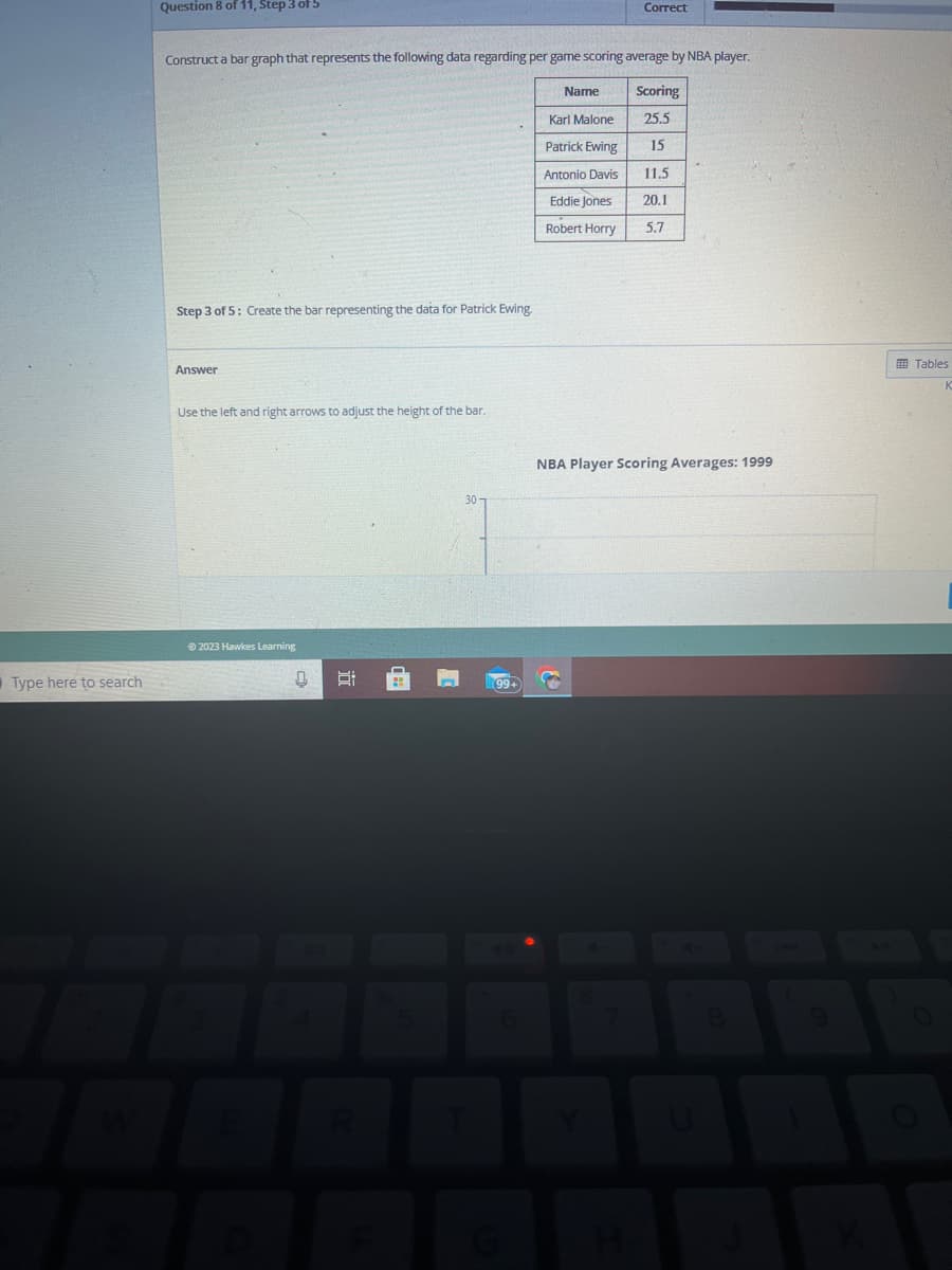 Type here to search
Question 8 of 11, Step 3 of 5
Construct a bar graph that represents the following data regarding per game scoring average by NBA player.
Scoring
25.5
15
11.5
20.1
5.7
Step 3 of 5: Create the bar representing the data for Patrick Ewing,
Answer
Use the left and right arrows to adjust the height of the bar.
Ⓒ2023 Hawkes Learning
0
99+
Correct
Name
Karl Malone
Patrick Ewing
Antonio Davis
Eddie Jones
Robert Horry
NBA Player Scoring Averages: 1999
U
8
Tables