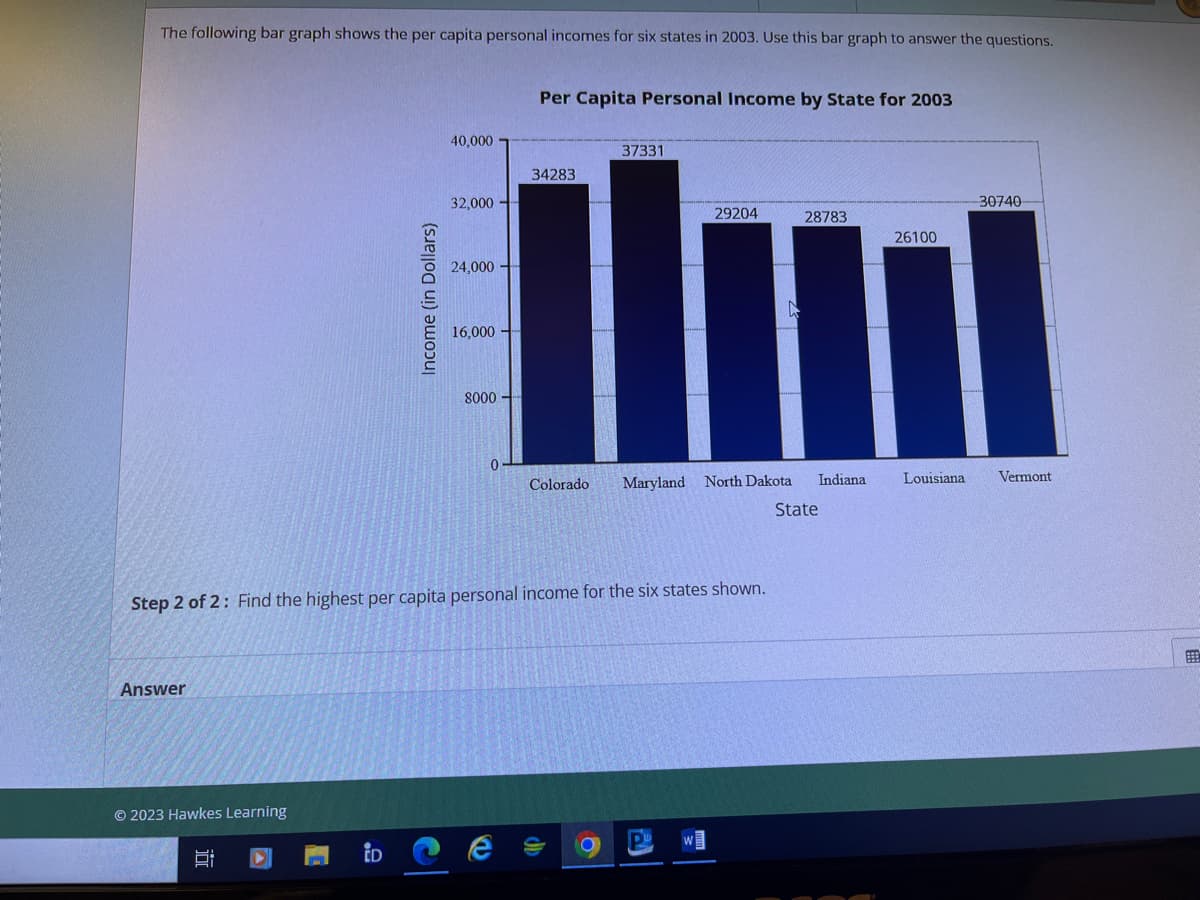 The following bar graph shows the per capita personal incomes for six states in 2003. Use this bar graph to answer the questions.
Answer
© 2023 Hawkes Learning
i
Income (in Dollars)
ID
40,000
32,000
24,000
16,000
8000
0
Per Capita Personal Income by State for 2003
e
34283
Step 2 of 2: Find the highest per capita personal income for the six states shown.
Colorado
37331
O
29204
Maryland North Dakota
P
W
D
28783
Indiana
State
26100
Louisiana
30740
Vermont