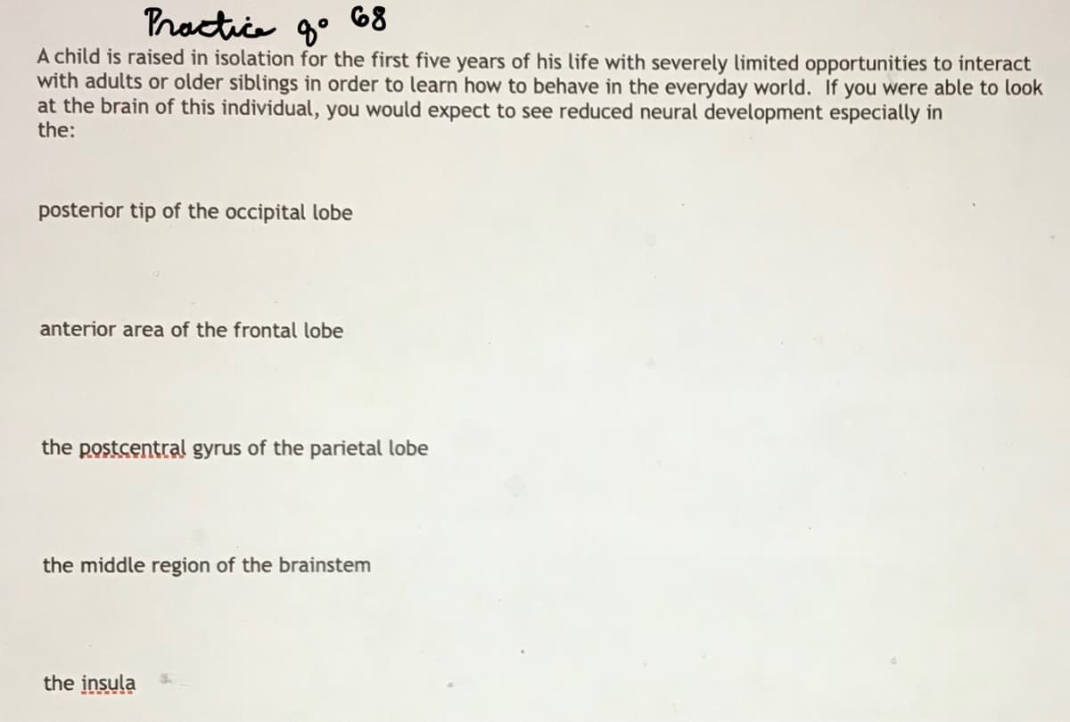 Proctice g° 68
A child is raised in isolation for the first five years of his life with severely limited opportunities to interact
with adults or older siblings in order to learn how to behave in the everyday world. If you were able to look
at the brain of this individual, you would expect to see reduced neural development especially in
the:
posterior tip of the occipital lobe
anterior area of the frontal lobe
the postcentral gyrus of the parietal lobe
the middle region of the brainstem
the insula
