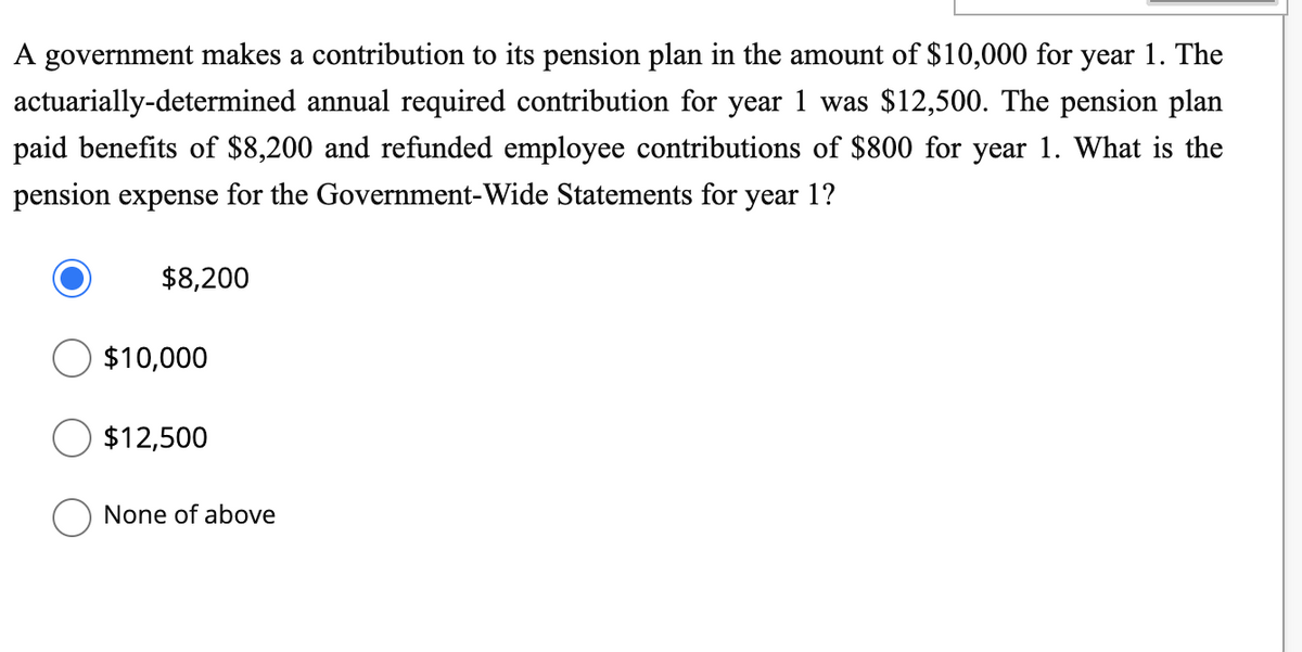 A government makes a contribution to its pension plan in the amount of $10,000 for year 1. The
actuarially-determined annual required contribution for year 1 was $12,500. The pension plan
paid benefits of $8,200 and refunded employee contributions of $800 for year 1. What is the
pension expense for the Government-Wide Statements for year 1?
$8,200
$10,000
$12,500
None of above