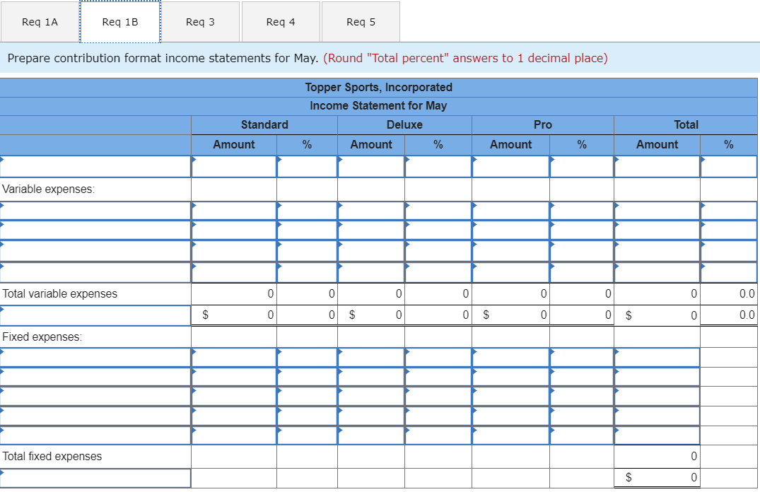 Req 1A
Variable expenses:
Req 1B
Total variable expenses
Fixed expenses:
Prepare contribution format income statements for May. (Round "Total percent" answers to 1 decimal place)
Topper Sports, Incorporated
Income Statement for May
Deluxe
Req 3
Total fixed expenses
$
Req 4
Standard
Amount
0
0
Req 5
%
Amount
0
0 $
0
0
%
0
0
Amount
$
Pro
0
0
%
0
0 $
$
Total
Amount
0
0
|0|0
%
0.0
0.0