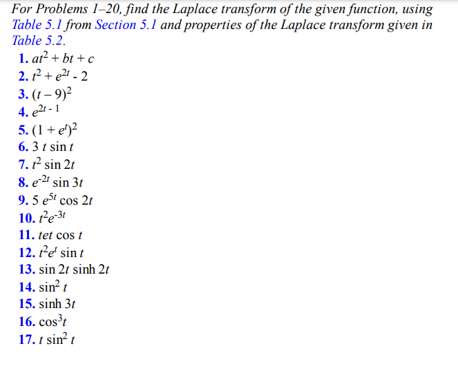 For Problems 1-20, find the Laplace transform of the given function, using
Table 5.1 from Section 5.1 and properties of the Laplace transform given in
Table 5.2.
1. at² + bt+c
2.1² +²t-2
3. (t - 9)²
4. e²t - 1
5. (1 + ¹)²
6. 3 t sin t
7. t² sin 2t
8. e-2t sin 3t
9.5 est cos 2t
10. t²e-3t
11. tet cos t
12. t²e¹ sint
13. sin 2t sinh 2t
14. sin² t
15. sinh 3t
16. cos³t
17. t sin² t