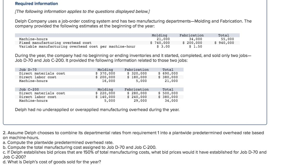 Required information
[The following information applies to the questions displayed below.]
Delph Company uses a job-order costing system and has two manufacturing departments-Molding and Fabrication. The
company provided the following estimates at the beginning of the year:
Molding
21,000
$ 740,000
$ 3.00
Total
Fabrication
34,000
$ 200,000
$ 1.50
55,000
$ 940,000
Machine-hours
Fixed manufacturing overhead cost
Variable manufacturing overhead cost per machine-hour
During the year, the company had no beginning or ending inventories and it started, completed, and sold only two jobs–
Job D-70 and Job C-200. It provided the following information related to those two jobs:
Job D-70
Direct materials cost
Direct labor cost
Machine-hours
Molding
$ 370,000
$ 200,000
16,000
Fabrication
Total
$ 320,000
$ 180,000
5,000
$ 690,000
$ 380,000
21,000
Job C-200
Direct materials cost
Direct labor cost
Machine-hours
Molding
$ 220,000
$ 140,000
5,000
Fabrication
$ 280,000
$ 240,000
29,000
Total
$ 500,000
$ 380,000
34,000
Delph had no underapplied or overapplied manufacturing overhead during the year.
2. Assume Delph chooses to combine its departmental rates from requirement 1 into a plantwide predetermined overhead rate based
on machine-hours.
a. Compute the plantwide predetermined overhead rate.
b. Compute the total manufacturing cost assigned to Job D-70 and Job C-200.
c. If Delph establishes bid prices that are 150% of total manufacturing costs, what bid prices would it have established for Job D-70 and
Job C-200?
d. What is Delph's cost of goods sold for the year?
