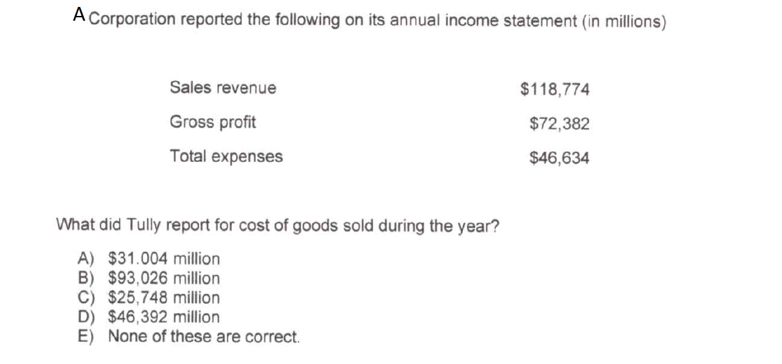 A Corporation reported the following on its annual income statement (in millions)
Sales revenue
$118,774
Gross profit
$72,382
Total expenses
$46,634
What did Tully report for cost of goods sold during the year?
A) $31.004 million
B) $93,026 million
C) $25,748 million
D) $46,392 million
E) None of these are correct.
