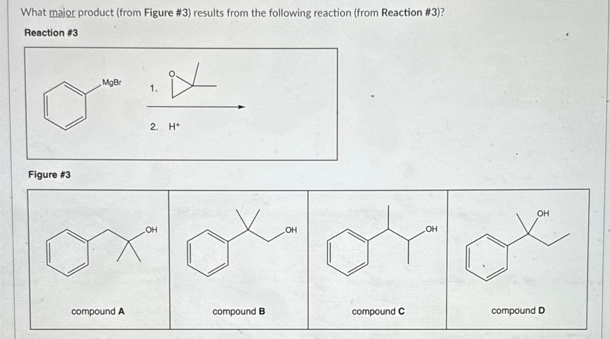 What major product (from Figure #3) results from the following reaction (from Reaction #3)?
Reaction #3
Figure #3
MgBr
compound A
q
2. H+
OH
compound B
OH
compound C
OH
OH
compound D