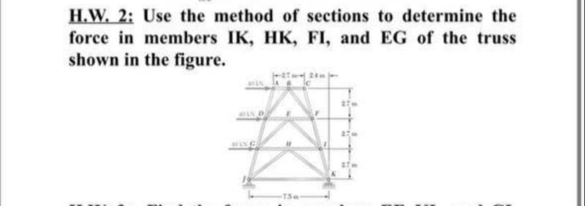 H.W. 2: Use the method of sections to determine the
force in members IK, HK, FI, and EG of the truss
shown in the figure.
2710
ING
73m