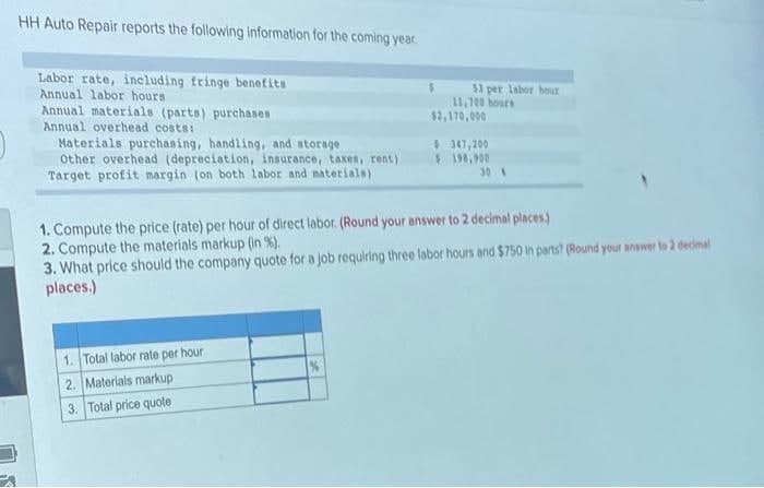 HH Auto Repair reports the following information for the coming year.
Labor rate, including fringe benefits
Annual labor hours
Annual materials (parts) purchases
Annual overhead costs:
53 per labor hour
11,700 bours
$2,170,000
Materials purchasing, handling, and storage
other overhead (depreciation, insurance, taxes, rent)
Target profit margin (on both labor and materials)
$ 347, 200
$ 191,900
30 1
1. Compute the price (rate) per hour of direct labor. (Round your answer to 2 decimal places)
2. Compute the materials markup (in %).
3. What price should the company quote for a job requiring three labor hours and $750 in parts? (Round your answer to 2 decimal
places.)
1. Total labor rate per hour
2. Materials markup
3. Total price quote
