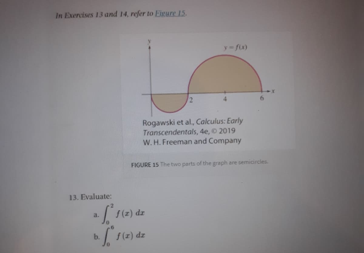 In Exercises 13 and 14, refer to Eigure 15.
y f(x)
Rogawski et al., Calculus: Early
Transcendentals, 4e, 2019
W. H. Freeman and Company
FIGURE 15 The two parts of the graph are semicircles.
13. Evaluate:
f (x) dr
a.
b.
f (r) dr
