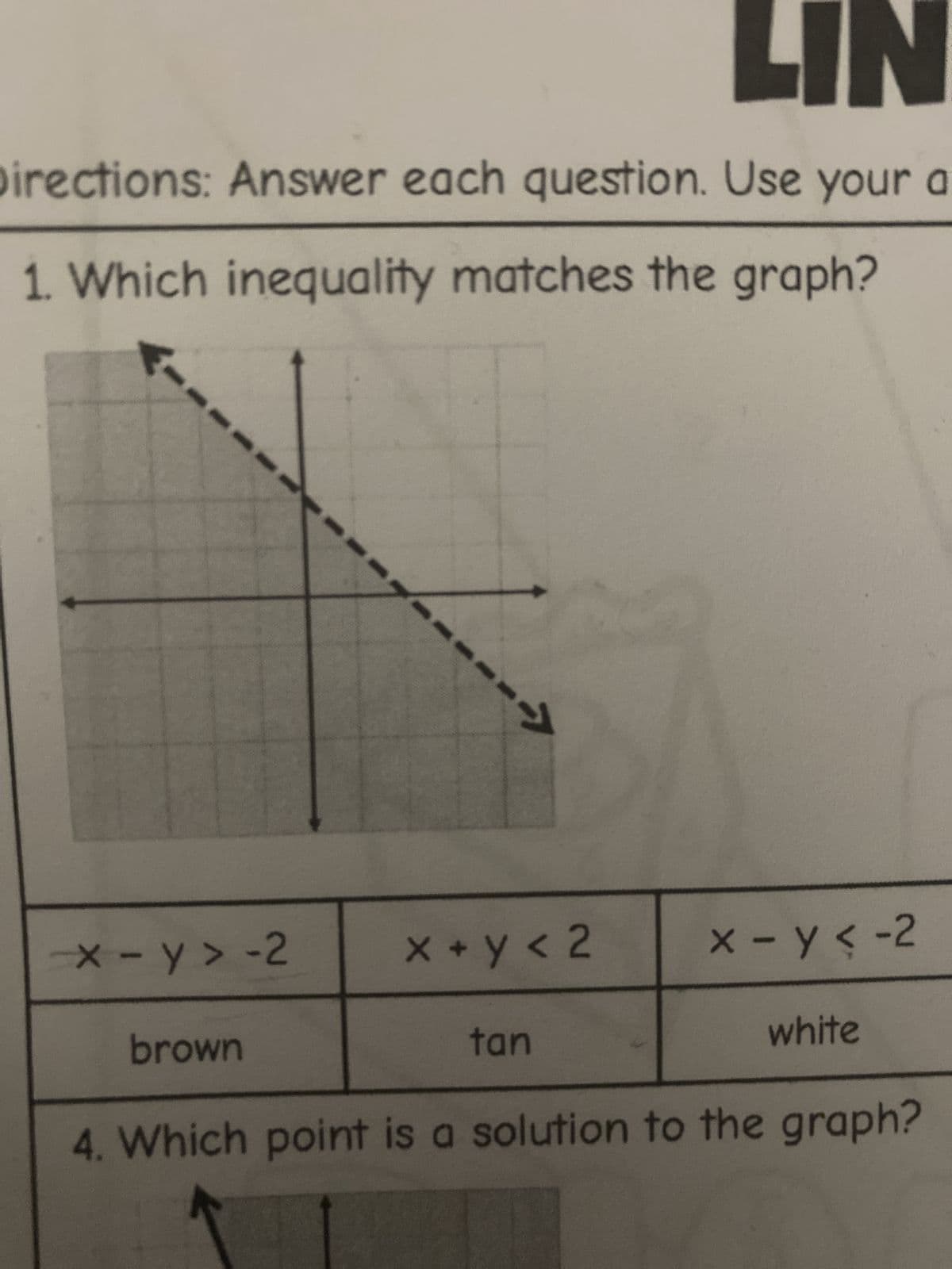 LIN
Directions: Answer each question. Use your a
1. Which inequality matches the graph?
-->
x-y>-2
x + y < 2
x-y<-2
brown
tan
white
4. Which point is a solution to the graph?