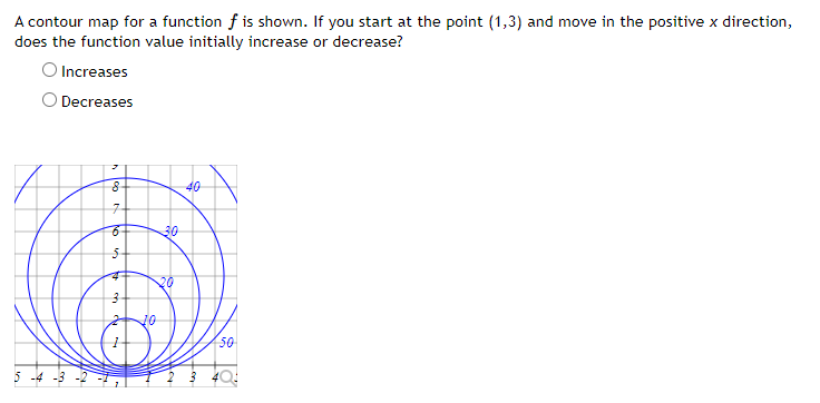 A contour map for a function f is shown. If you start at the point (1,3) and move in the positive x direction,
does the function value initially increase or decrease?
Increases
Decreases
5 -4 -3
3
8+
7
6-
16 to 3
5
10
30
20
40
50