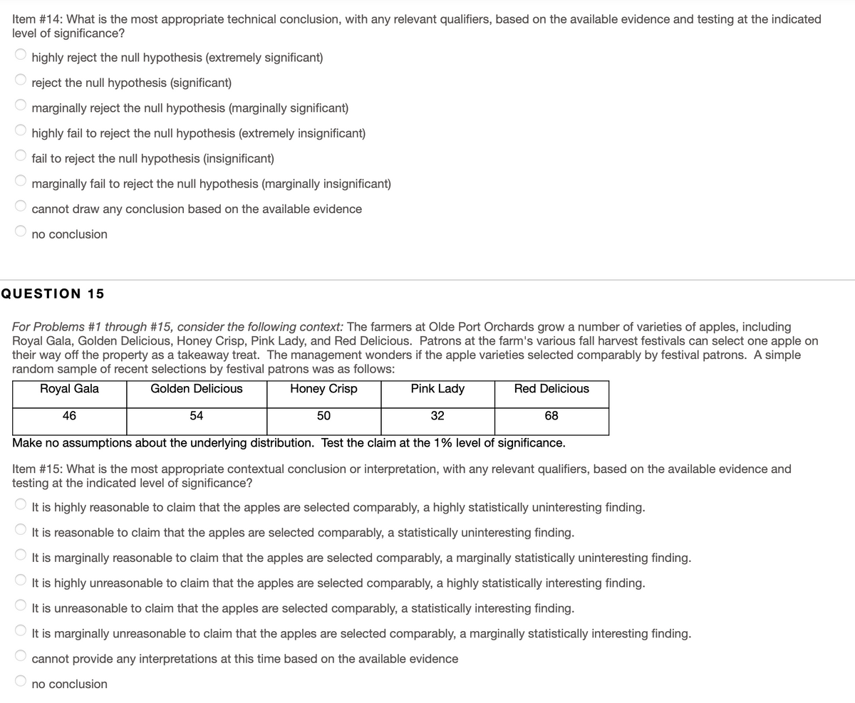 **Item #14:** What is the most appropriate technical conclusion, with any relevant qualifiers, based on the available evidence and testing at the indicated level of significance?

- ○ highly reject the null hypothesis (extremely significant)
- ○ reject the null hypothesis (significant)
- ○ marginally reject the null hypothesis (marginally significant)
- ○ highly fail to reject the null hypothesis (extremely insignificant)
- ○ fail to reject the null hypothesis (insignificant)
- ○ marginally fail to reject the null hypothesis (marginally insignificant)
- ○ cannot draw any conclusion based on the available evidence
- ○ no conclusion

---

**QUESTION 15**

*For Problems #1 through #15, consider the following context:* The farmers at Olde Port Orchards grow a number of varieties of apples, including Royal Gala, Golden Delicious, Honey Crisp, Pink Lady, and Red Delicious. Patrons at the farm's various fall harvest festivals can select one apple on their way off the property as a takeaway treat. The management wonders if the apple varieties are selected comparably by festival patrons. A simple random sample of recent selections by festival patrons was as follows:

| Royal Gala | Golden Delicious | Honey Crisp | Pink Lady | Red Delicious |
|------------|------------------|-------------|-----------|---------------|
| 46         | 54               | 50          | 32        | 68            |

Make no assumptions about the underlying distribution. Test the claim at the 1% level of significance.

**Item #15:** What is the most appropriate contextual conclusion or interpretation, with any relevant qualifiers, based on the available evidence and testing at the indicated level of significance?

- ○ It is highly reasonable to claim that the apples are selected comparably, a highly statistically uninteresting finding.
- ○ It is reasonable to claim that the apples are selected comparably, a statistically uninteresting finding.
- ○ It is marginally reasonable to claim that the apples are selected comparably, a marginally statistically uninteresting finding.
- ○ It is highly unreasonable to claim that the apples are selected comparably, a highly statistically interesting finding.
- ○ It is unreasonable to claim that the apples are selected comparably, a statistically interesting finding.
- ○ It is marginally unreasonable to claim that the apples are selected comparably, a marginally statistically interesting finding.
- ○ cannot provide any interpretations at this time based on the available evidence
- ○ no conclusion