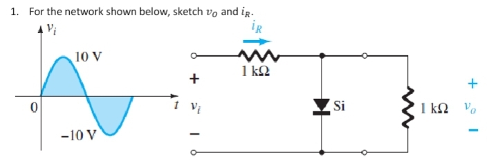 1. For the network shown below, sketch vo and iR.
Vi
0
10 V
-10 V
+
1 Vi
-
1 ΚΩ
K
Si
1kΩ Va