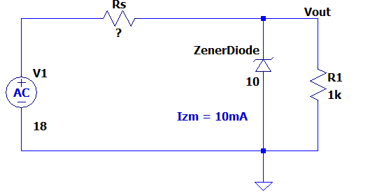 Rs
Vout
?
ZenerDiode
V1
R1
10
AC
1k
Izm = 10mA
18
