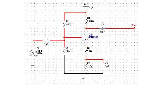 C2
R4
22KQ
VCC
12V
R1
2.200
Q1
2N2222A
C3
HH
10µF
Vout
10pF
Vs
RS
R2
2Vpk
10 ΚΩ:
1KQ
2KHz
0°
R3
1k0
C1
1µF