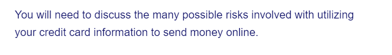 You will need to discuss the many possible risks involved with utilizing
your credit card information to send money online.