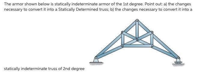 The armor shown below is statically indeterminate armor of the 1st degree. Point out: a) the changes
necessary to convert it into a Statically Determined truss; b) the changes necessary to convert it into a
statically indeterminate truss of 2nd degree
