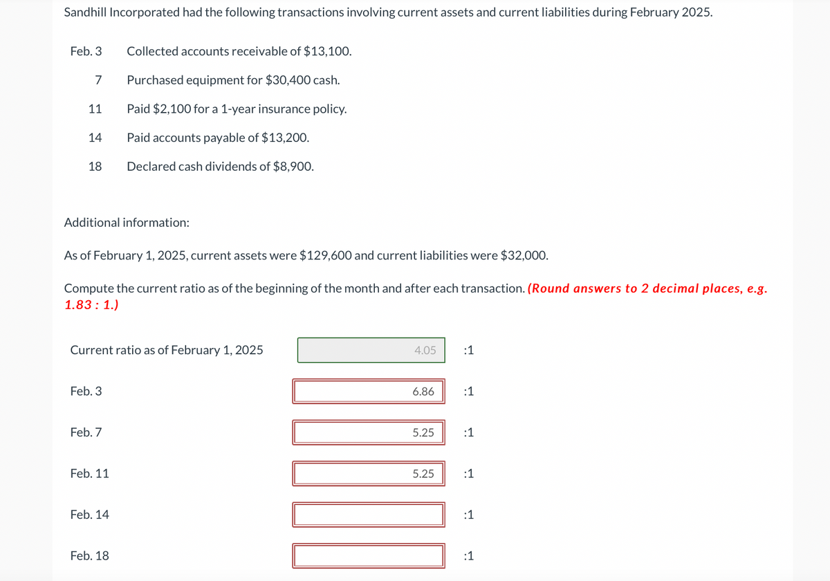 Sandhill Incorporated had the following transactions involving current assets and current liabilities during February 2025.
Feb. 3
7
11
14
18
Additional information:
As of February 1, 2025, current assets were $129,600 and current liabilities were $32,000.
Compute the current ratio as of the beginning of the month and after each transaction. (Round answers to 2 decimal places, e.g.
1.83: 1.)
Current ratio as of February 1, 2025
Feb. 3
Feb. 7
Collected accounts receivable of $13,100.
Purchased equipment for $30,400 cash.
Paid $2,100 for a 1-year insurance policy.
Paid accounts payable of $13,200.
Declared cash dividends of $8,900.
Feb. 11
Feb. 14
Feb. 18
4.05
6.86
5.25
5.25
:1
:1
:1
:1
:1
:1