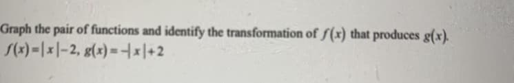 Graph the pair of functions and identify the transformation of f(x) that produces g(x).
/(x)-1지-2, g(x)=-지+2
