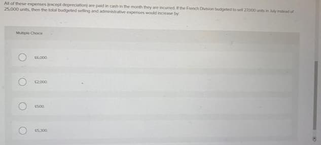 All of these expenses fexcept depreciation) are paid in cash in the month they are incurred. If the French Division budgeted to sel 270o0 unts in Aly stead of
25.000 units, then the total budgeted selling and administrative expenses would increase by
Multiple Choice
E6.000
S2.000
1500
E5300.
