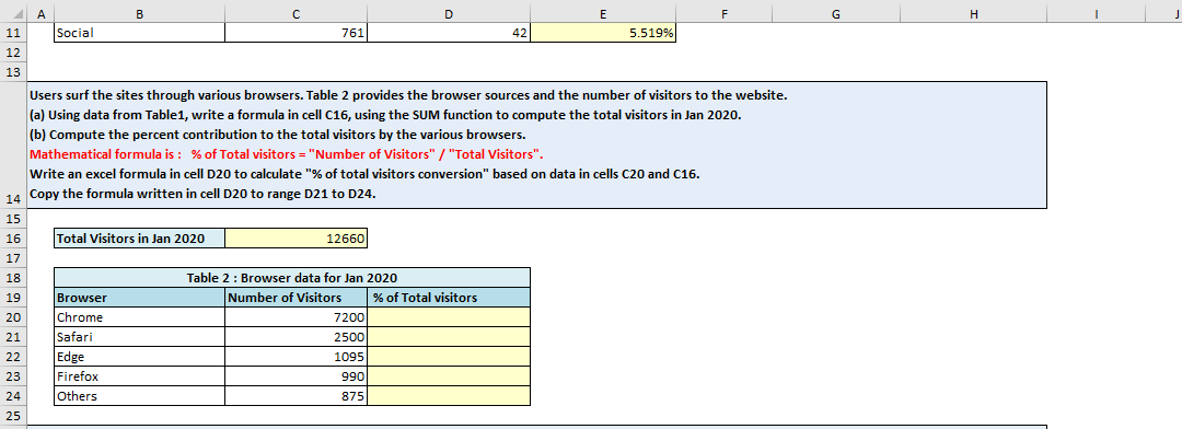 11
12
13
A
Social
B
Total Visitors in Jan 2020
Browser
Chrome
Safari
Edge
Firefox
Others
с
761
12660
Table 2: Browser data for Jan 2020
Number of Visitors
Users surf the sites through various browsers. Table 2 provides the browser sources and the number of visitors to the website.
(a) Using data from Table1, write a formula in cell C16, using the SUM function to compute the total visitors in Jan 2020.
(b) Compute the percent contribution to the total visitors by the various browsers.
Mathematical formula is : % of Total visitors = "Number of Visitors" / "Total Visitors".
Write an excel formula in cell D20 to calculate "% of total visitors conversion" based on data in cells C20 and C16.
14 Copy the formula written in cell D20 to range D21 to D24.
15
16
17
18
19
20
21
22
23
24
25
7200
2500
1095
D
990
875
42
% of Total visitors
E
5.519%
F
G
H
J