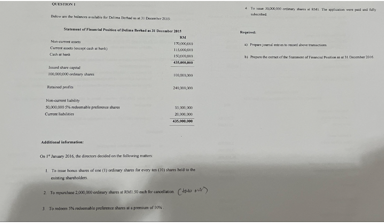 QUESTION I
Below are the balances available for Delima Berhad as at 31 December 2015:
Statement of Financial Position of Delima Berhad as 31 December 2015
RM
170,000,000
115,000,000
150,000,000
435,000,000
Non-current assets
Current assets (except cash at hank)
Cash at bank
Issued share capital
100,000,000 ordinary shares
Retained profits
Non-current liability
50,000,000 5% redeemable preference shares
Current liabilities
Additional information:
On 1 January 2016, the directors decided on the following matters
100,000,000
3. To redeem 5% redeemable preference shares at a premium of 10%
240,000,000
55,000,000
20,000,000
435,000,000
1. To issue bonus shares of one (1) ordinary shares for every ten (10) shares held to the
existing shareholders.
2. To repurchase 2,000,000 ordinary shares at RM1.50 each for cancellation. (u
4 To issue 30,000,000 ordinary shares at RM1. The application were paid and fully
subscribed
Required:
a) Prepare journal entries to record above transactions
b) Prepare the extract of the Statement of Financial Position as at 31 December 2016.