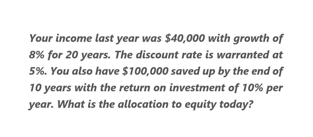 Your income last year was $40,000 with growth of
8% for 20 years. The discount rate is warranted at
5%. You also have $100,000 saved up by the end of
10 years with the return on investment of 10% per
year. What is the allocation to equity today?