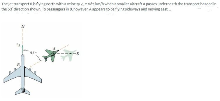 The jet transport B is flying north with a velocity vg = 635 km/h when a smaller aircraft A passes underneath the transport headed in
the 53° direction shown. To passengers in B, however, A appears to be flying sideways and moving east..
UB
B
N
53°
E