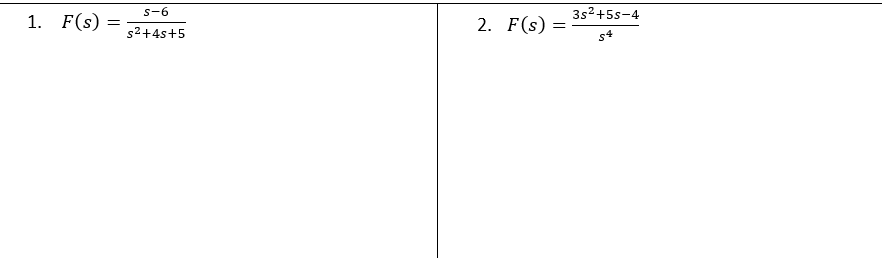 1. F(s) =
S-6
s²+4s+5
2. F(s)
=
3s²+5s-4
54