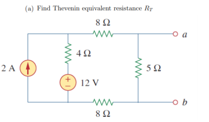 (a) Find Thevenin equivalent resistance RT
8Ω
a
4 Q
2 A
5Ω
12 V
8 Ω
