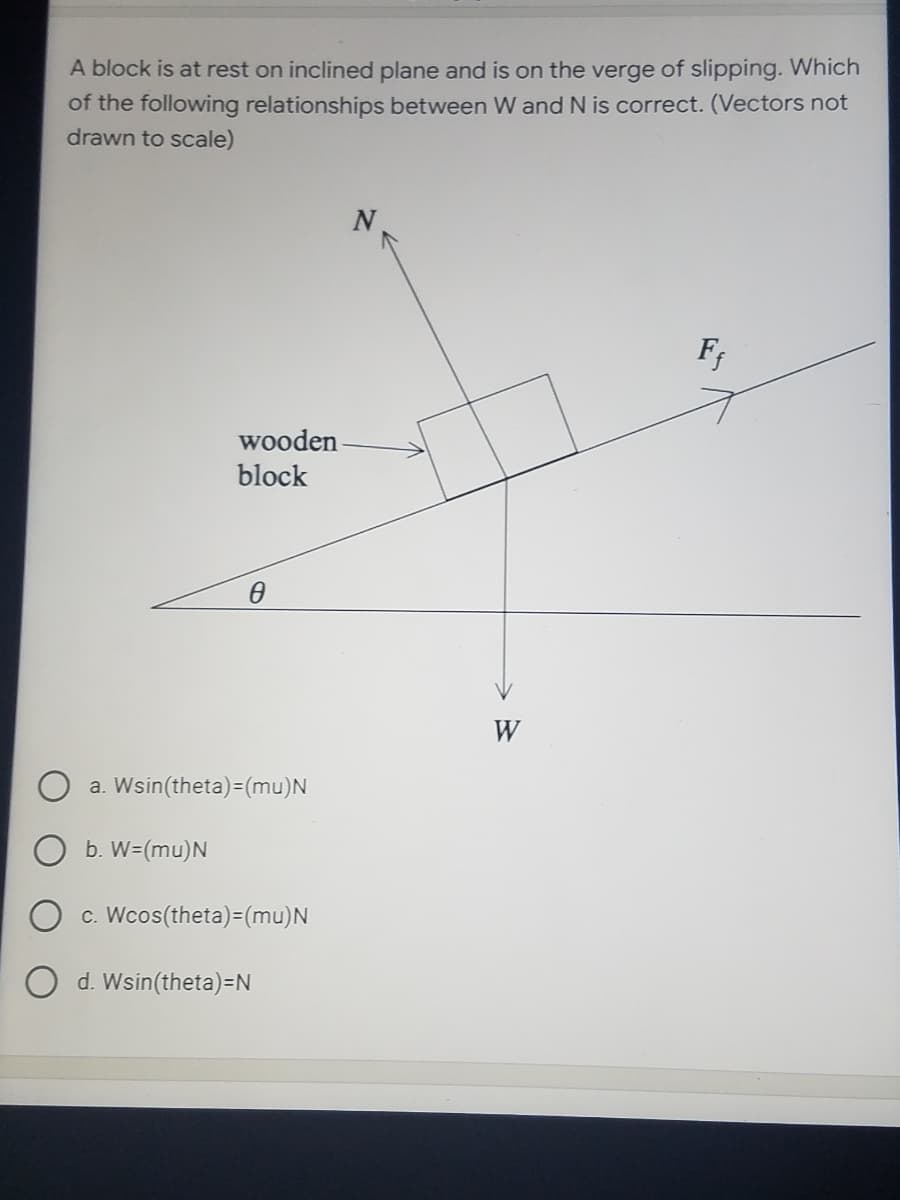 A block is at rest on inclined plane and is on the verge of slipping. Which
of the following relationships between W and N is correct. (Vectors not
drawn to scale)
F;
wooden
block
W
a. Wsin(theta)=(mu)N
b. W=(mu)N
O c. Wcos(theta)=(mu)N
d. Wsin(theta)=N
