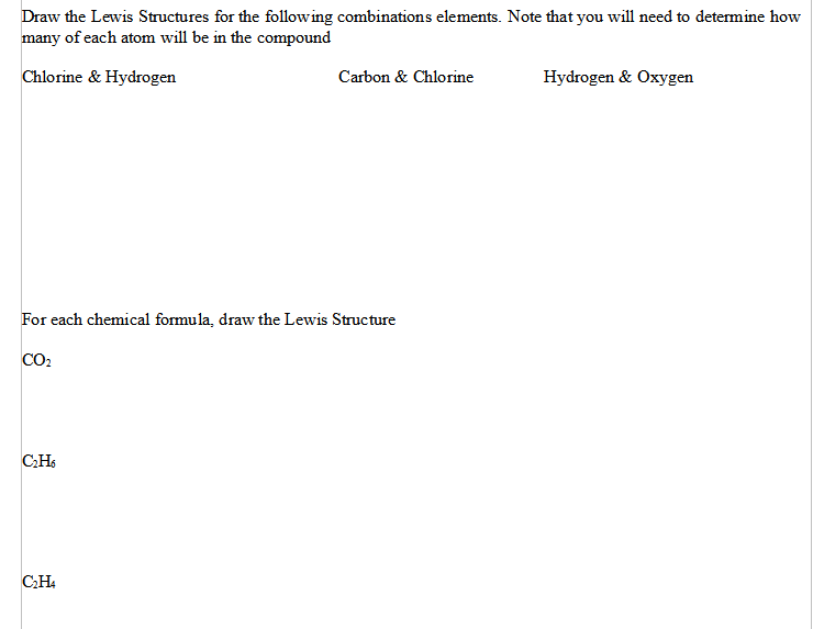 Draw the Lewis Structures for the following combinations elements. Note that you will need to determine how
many of each atom will be in the compound
Chlorine & Hydrogen
For each chemical formula, draw the Lewis Structure
CO₂
C₂H6
Carbon & Chlorine
C₂H4
Hydrogen & Oxygen