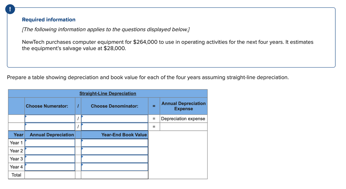 !
Required information
[The following information applies to the questions displayed below.]
NewTech purchases computer equipment for $264,000 to use in operating activities for the next four years. It estimates
the equipment's salvage value at $28,000.
Prepare a table showing depreciation and book value for each of the four years assuming straight-line depreciation.
Year
Year 1
Year 2
Year 3
Year 4
Total
Choose Numerator:
Annual Depreciation
Straight-Line Depreciation
1
1
Choose Denominator:
Year-End Book Value
=
=
Annual Depreciation
Expense
Depreciation expense