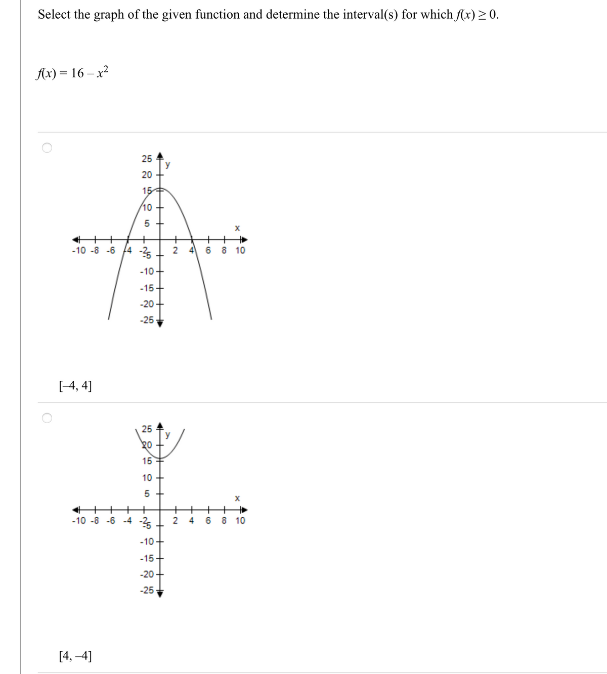 Select the graph of the given function and determine the interval(s) for which f(x) > 0.
Ax) = 16 – x²
25
20
15+
10 +
5
+
+
4
-10 -8 -6 14 -2
6 8 10
-10 -
-15+
-20
-25
[-4, 4]
25
y
20 +
15
10 +
5 +
+
+
6
8 10
-10 -8 -6 -4 -2
2
-10+
-15+
-20+
-25
[4, -4]
