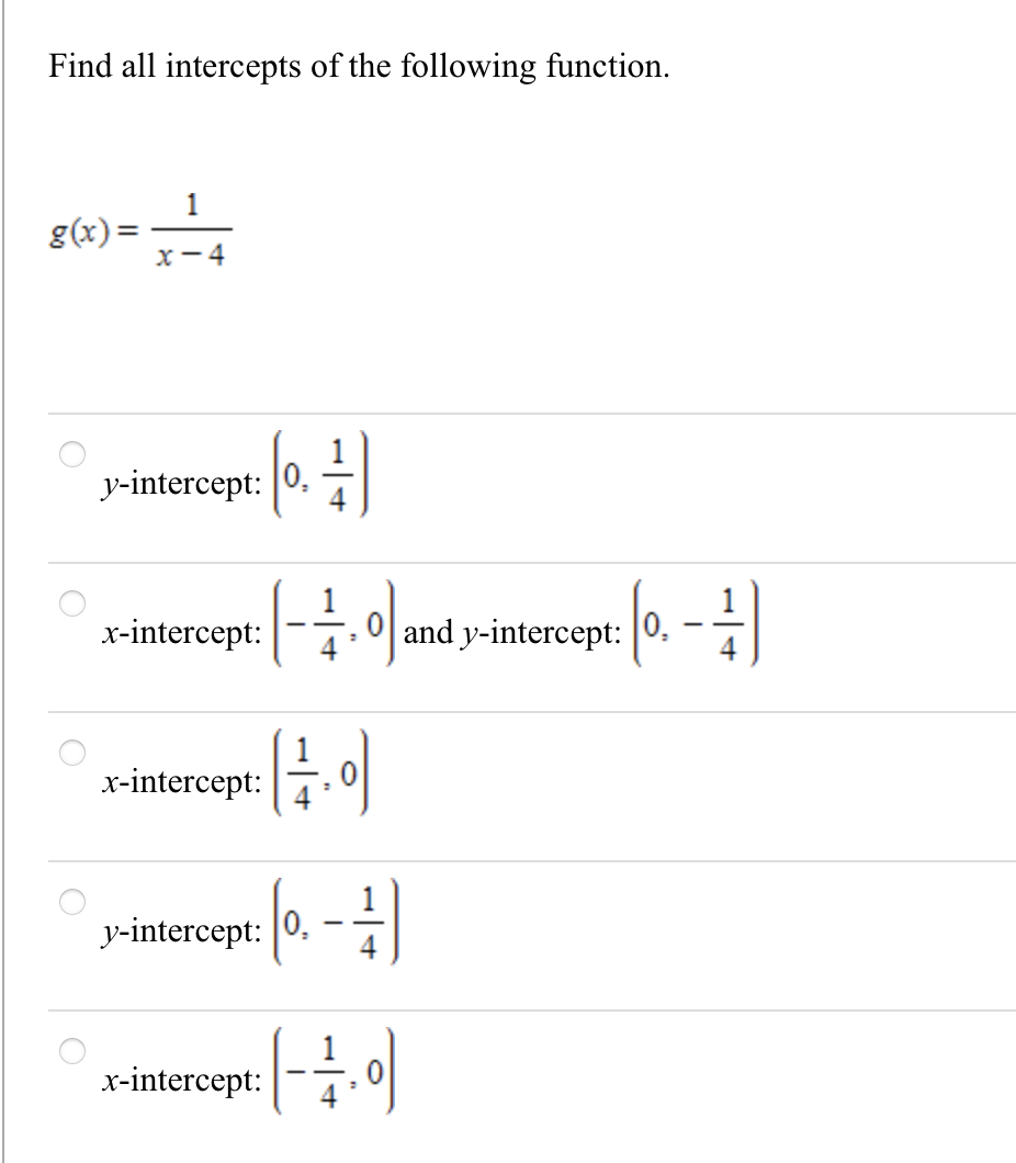 Find all intercepts of the following function.
1
g(x)=
x-4
y-intercept: |0.
x-intercept:
and y-intercept:
x-intercept:
y-intercept: [0.
х-intercept:
