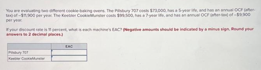 You are evaluating two different cookie-baking ovens. The Pillsbury 707 costs $73,000, has a 5-year life, and has an annual OCF (after-
tax) of -$11,900 per year. The Keebler CookieMunster costs $99,500, has a 7-year life, and has an annual OCF (after-tax) of -$9,900
per year.
If your discount rate is 11 percent, what is each machine's EAC? (Negative amounts should be indicated by a minus sign. Round your
answers to 2 decimal places.)
Pillsbury 707
Keebler Cookie Munster
EAC