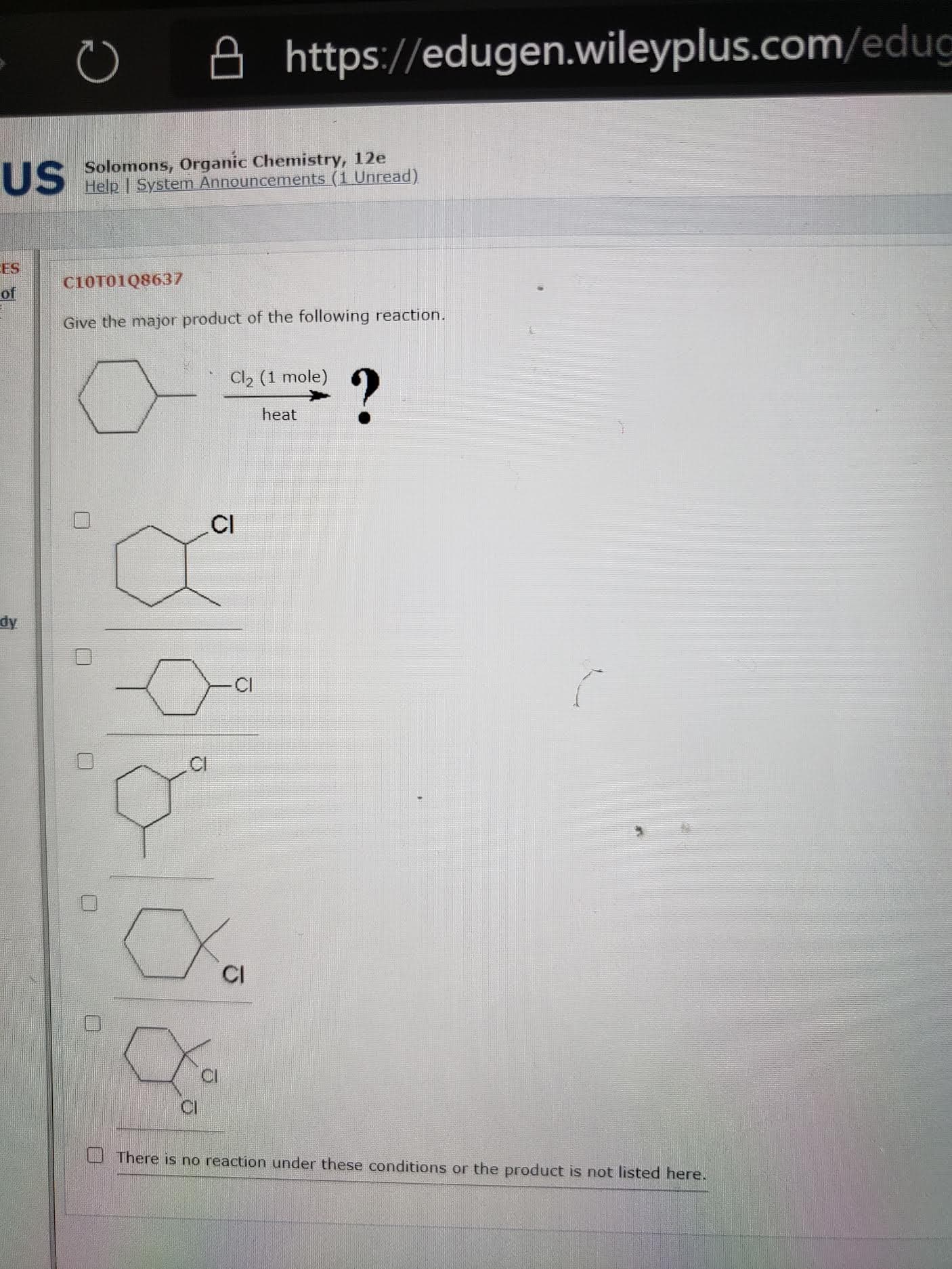 Give the major product of the following reaction.
Cl2 (1 mole)
heat
CI
CI
CI
CI
