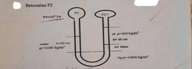 Determine P2
P1=10 Pa
P2 7
ol p-820 kgim
h=30 cm
water
h=20 cm
p-1000 kg/m
h- 10cm
Hgp-13600 kg/m
