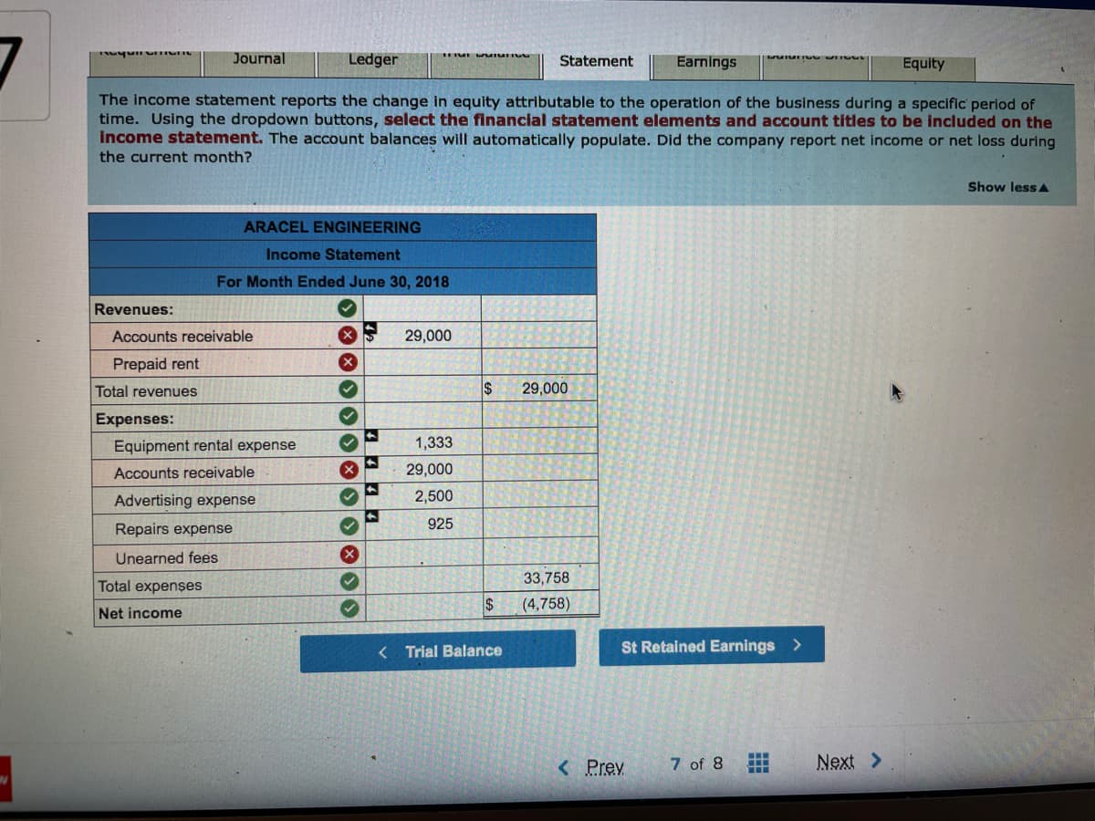 7
Journal
Ledger
Statement
Earnings
Equity
The income statement reports the change in equity attributable to the operation of the business during a specific period of
time. Using the dropdown buttons, select the financial statement elements and account titles to be included on the
income statement. The account balances will automatically populate. Did the company report net income or net loss during
the current month?
Show lessA
ARACEL ENGINEERING
Income Statement
For Month Ended June 30, 2018
Revenues:
Accounts receivable
29,000
Prepaid rent
Total revenues
$
29,000
Expenses:
Equipment rental expense
1,333
Accounts receivable
29,000
Advertising expense
2,500
925
Repairs expense
Unearned fees
33,758
Total expenses
2$
(4,758)
Net income
< Trial Balance
St Retained Earnings >
< Prev
7 of 8
Next >
