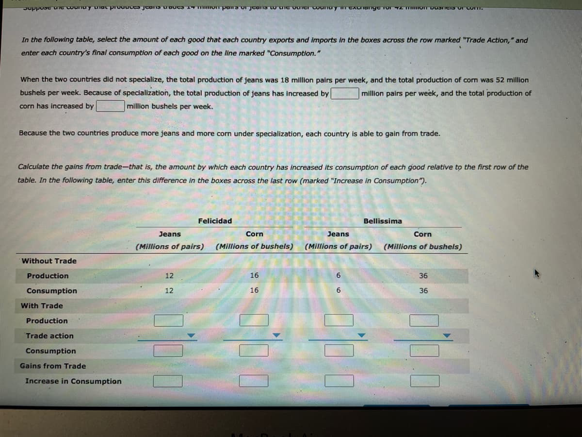 Jupposc aie counay uiat prouuces jeams uaucs o pans o Jcans w uIe vIer courTuy rCACIanye TOrZ IOT DUSICIS Or Com.
In the following table, select the amount of each good that each country exports and imports In the boxes across the row marked "Trade Action," and
enter each country's final consumption of each good on the line marked "Consumption."
When the two countries did not specialize, the total production of jeans was 18 million pairs per week, and the total production of corn was 52 million
bushels per week. Because of specialization, the total production of jeans has increased by
million pairs per week, and the total production of
corn has increased by
million bushels per week.
Because the two countries produce more jeans and more corn under specialization, each country is able to gain from trade.
Calculate the gains from trade-that is, the amount by which each country has increased its consumption of each good relative to the first row of the
table. In the following table, enter this difference in the boxes across the last row (marked "Increase in Consumption").
Felicidad
Bellissima
Jeans
Corn
Jeans
Corn
(Millions of pairs)
(Millions of bushels)
(Millions of pairs)
(Millions of bushels)
Without Trade
Production
12
16
6
36
Consumption
12
16
6
36
With Trade
Production
Trade action
Consumption
Gains from Trade
Increase in Consumption
COO
