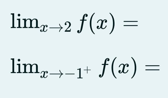 limx→2 f(x) =
lim₂→→₁+ f(x) =
>−1+