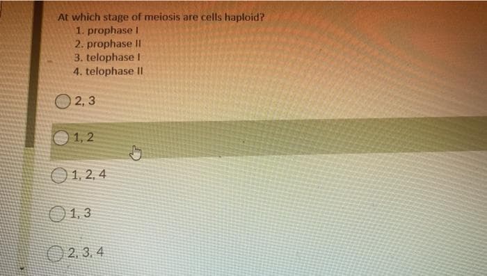 At which stage of meiosis are cells haploid?
1. prophase I
2. prophase II
3. telophase I
4. telophase II
2,3
1,2
1,2,4
1,3
2,3,4