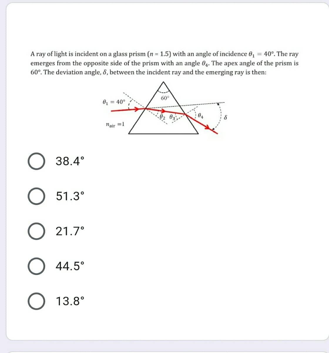 A ray of light is incident on a glass prism (n = 1.5) with an angle of incidence 0, = 40°. The ray
emerges from the opposite side of the prism with an angle 04. The apex angle of the prism is
60°. The deviation angle, 8, between the incident ray and the emerging ray is then:
60°
0, = 40°
Nair =1
38.4°
O 51.3°
O 21.7°
44.5°
13.8°
