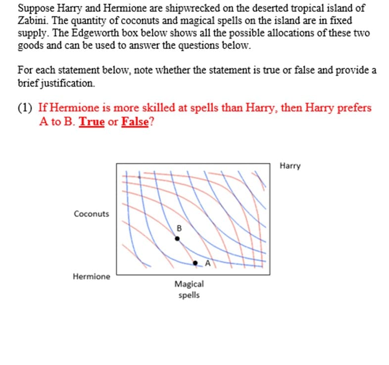 Suppose Harry and Hermione are shipwrecked on the deserted tropical island of
Zabini. The quantity of coconuts and magical spells on the island are in fixed
supply. The Edgeworth box below shows all the possible allocations of these two
goods and can be used to answer the questions below.
For each statement below, note whether the statement is true or false and provide a
brief justification.
(1) If Hermione is more skilled at spells than Harry, then Harry prefers
A to B. True or False?
Coconuts
Hermione
B
Magical
spells
Harry